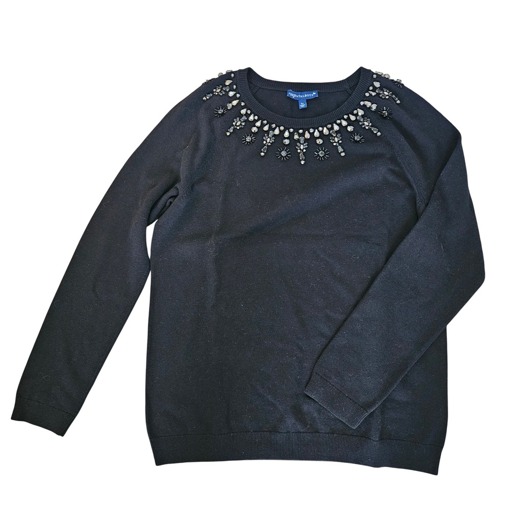 RSVP by Talbots Womens Petite Large Black Embellished Jewel Neck Sweater Cotton